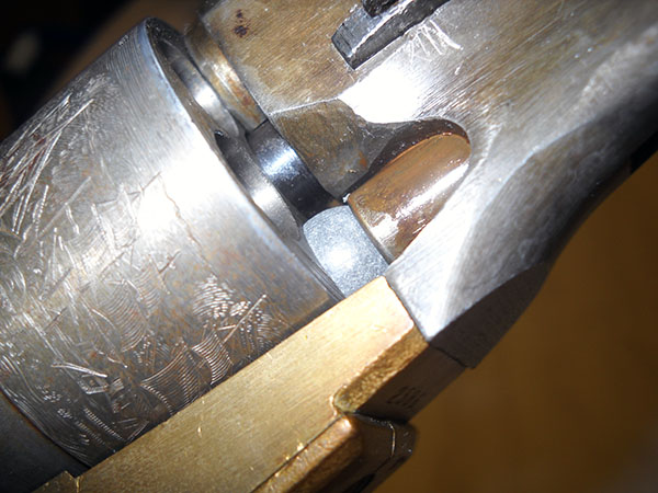 detail, Colt 1851 loading lever in place on ball